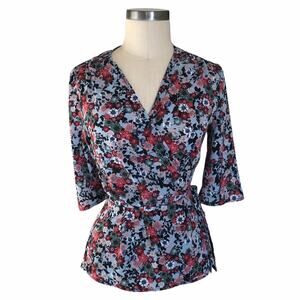 TOPSHOP Floral Peplum Wrap Blouse 6‎ Polyester Boho Chic Colorful